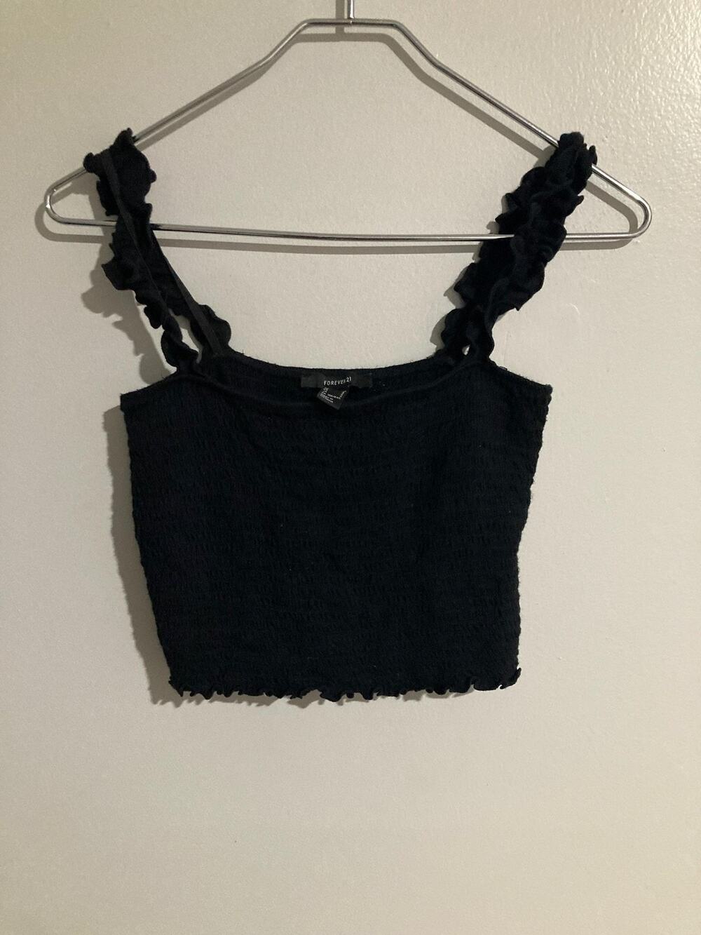 Forever 21 Tank Womens S Black Cropped Square Neck Ruffle Strap Top Stretch Knit